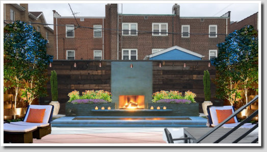 urban backyard design with fire place and spa