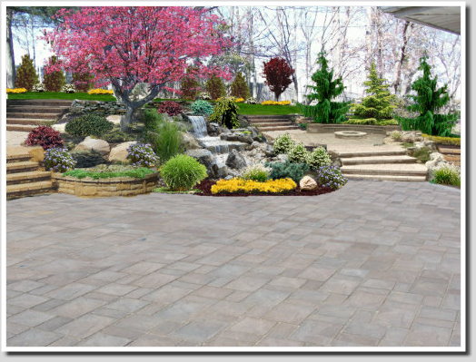 backyard landscape design with waterfall