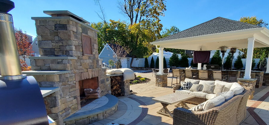 outdoor fireplace and pavilion