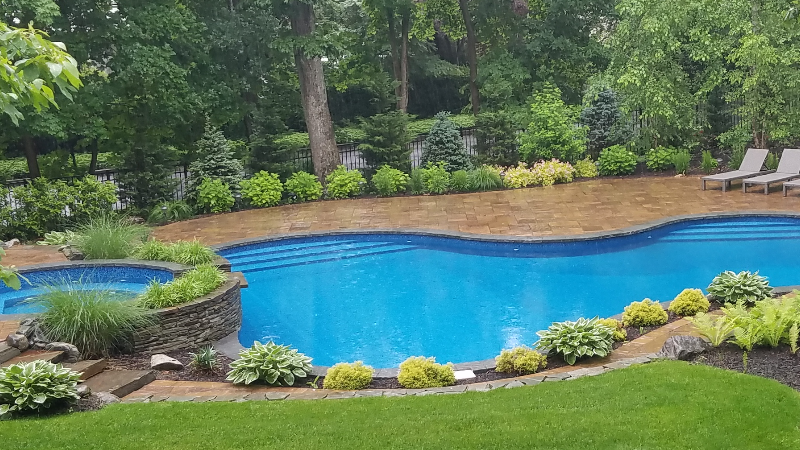 Raised patio with waterfall